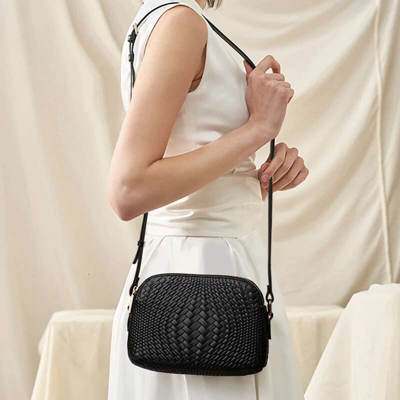 Aidrani Minimalist Genuine Leather Women's Single Shoulder Crossbody Bag, Woven Texture, Cowhide Material, Circular