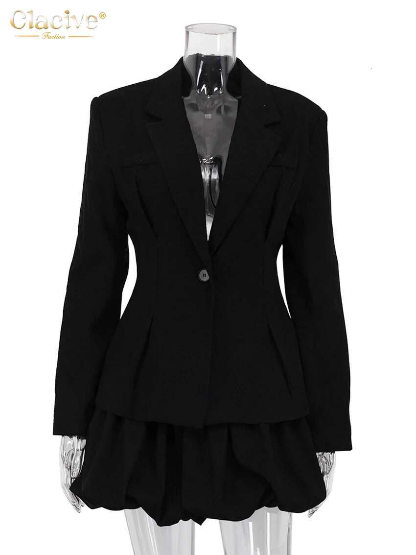 Clacive Fashion Loose Black Skirts Sets For Women 2 Pieces Elegant Long Sleeve Shirt With High Waist Pleated Mini Skirt Set