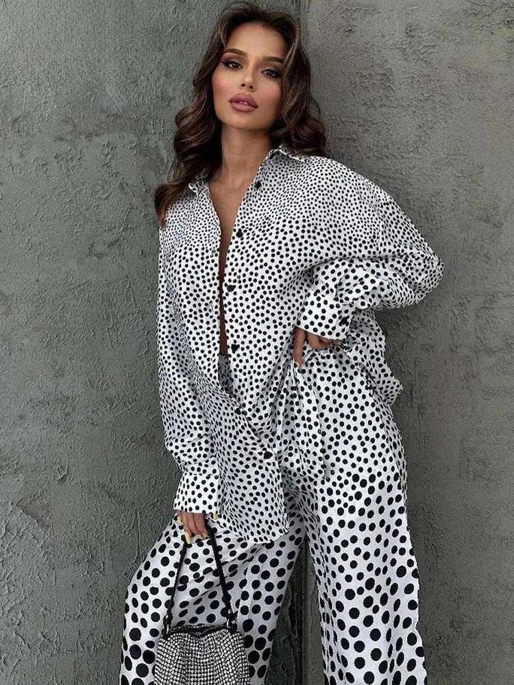 Casual Loose Print 2 Piece Sets Women Long Sleeve Button Shirts And High Waist Wide Leg Pants Matching Suit Chic Streetwear