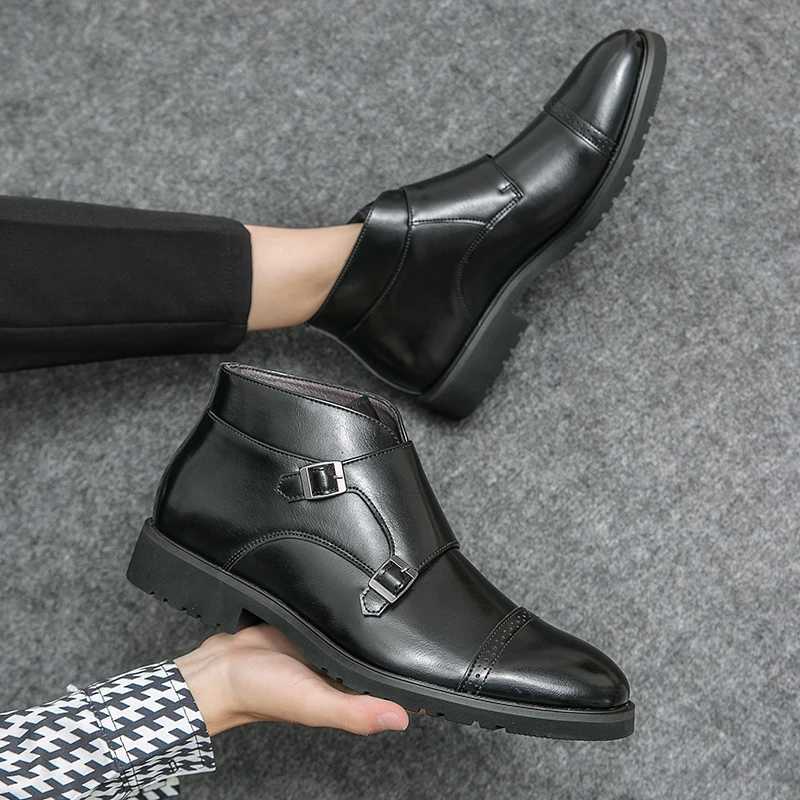 Luxury Leather Men Boots Double Buckle Slip on Pointed Toes Casual Leather Boots Men Comfortable High Top Boots Party Me Shoes Z250303