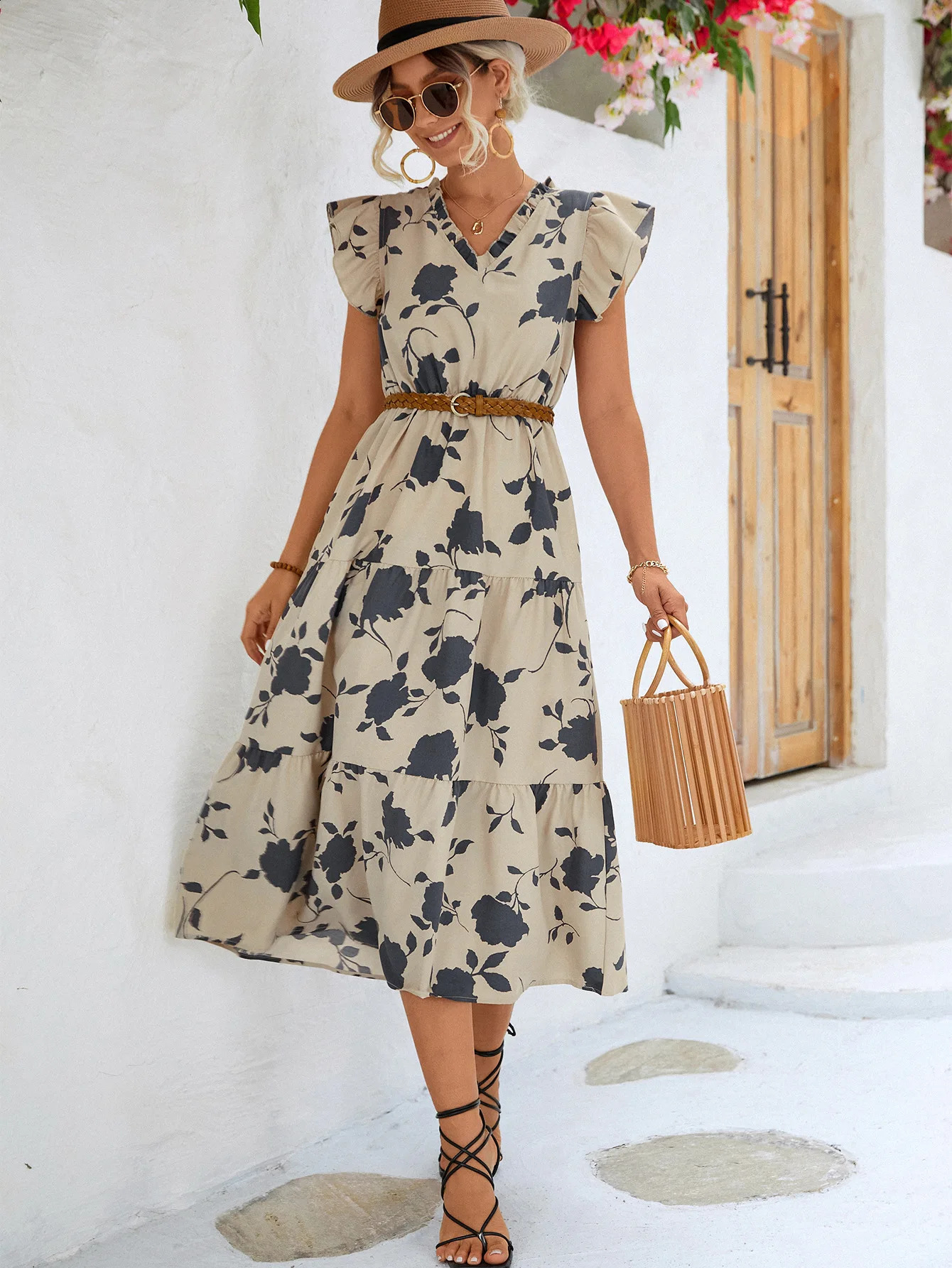 Product Vneck Printed Feifei Sleeve Dress 250228