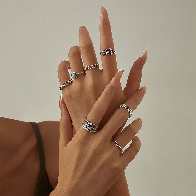 Trending Bohemian Floral Design Turquoise Rose Jewelry Set - Complete with 7 Pieces