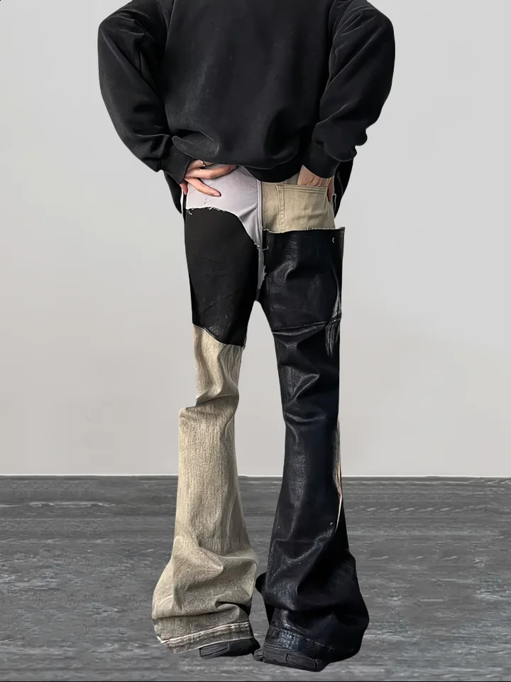 2024 Y2K Fashion Coating waxing Patchwork Old Baggy Flare Jeans Pants Men 90s Clothes Vintage Long Trousers Pantalones Hombre 250228