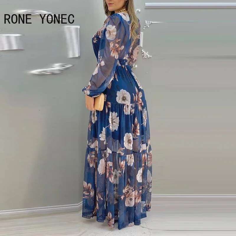 Women Ral Print Lantern Sleeve V-Neck Chiffon Maxi Vacation Dress 2021