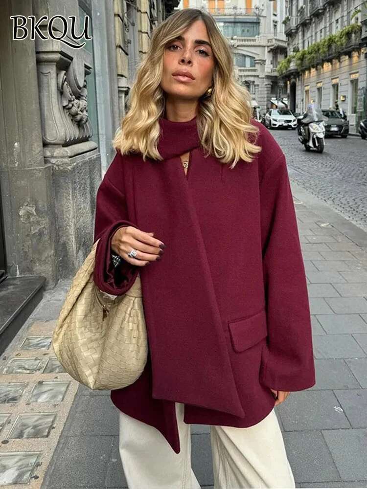 Elegant Single Breasted Woolen Coat Women Scarf Collar Wine Red Long Sleeve Jacket Chic Lady High Street Loose Warm Outwear