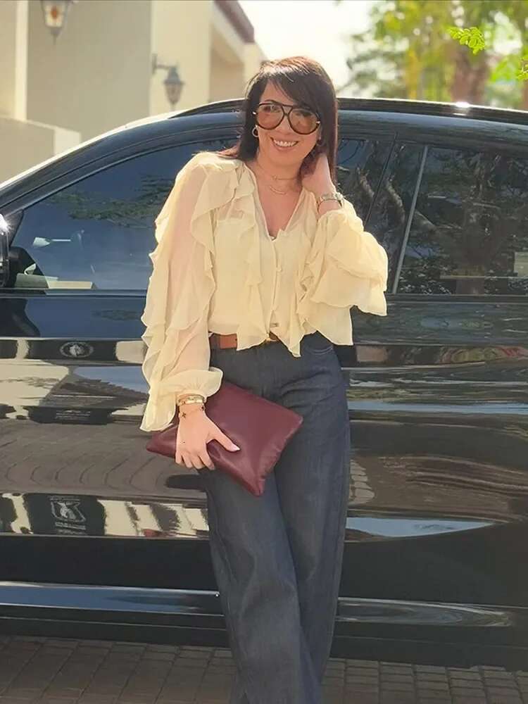 Elegant Solid Ruffles Chiffon Thin Shirts For Woman 2025 Spring New V Neck Long Sleeved Buttons Blouse Fashion Office Lady Tops