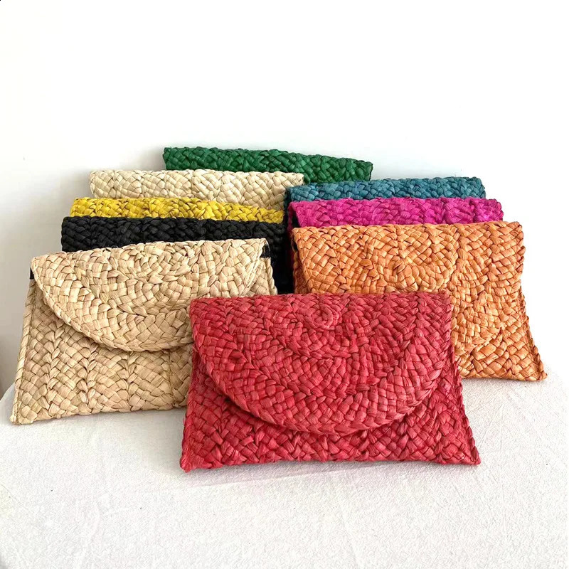 Fashion Beach Purse Women Summer Bag Envelope Woven Clutch Solid Color Large Capacity Storage Corn Husk Straw Hand 250227