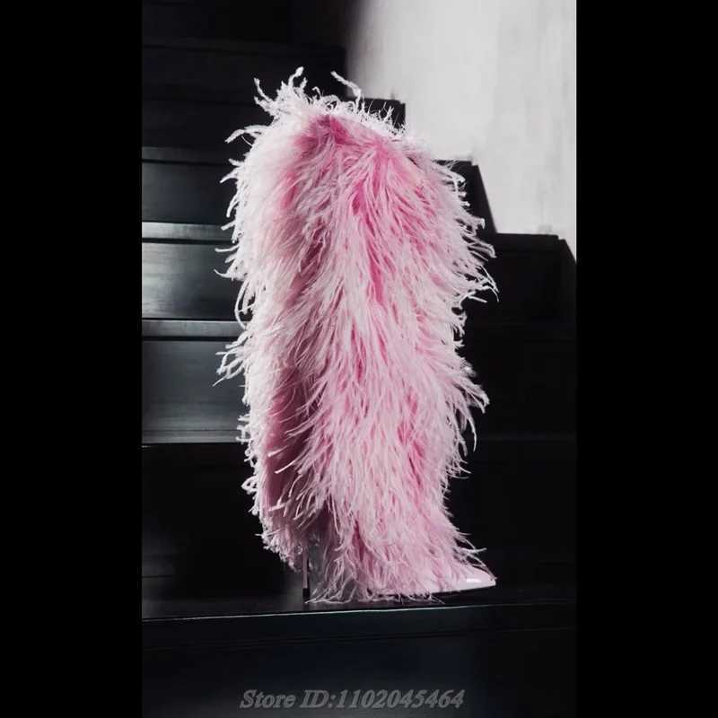 Fur Pointed Toe Pink/Blue Knee High Boots Womens Sexy Feather Colored Leather High Boots Luxury Designer Party Shoes Z250303