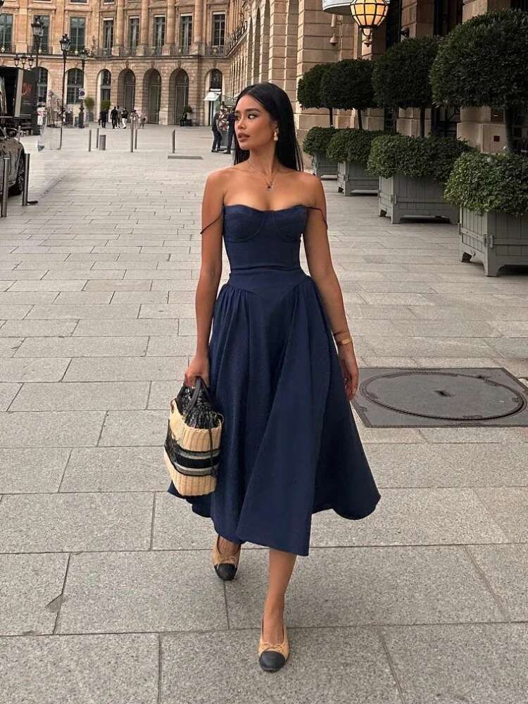 Suninheart Elegant Spaghetti Strap Midi Slim A E Party Dresses Navy Blue Casual Birthday Holiday Dress Women's Clothing