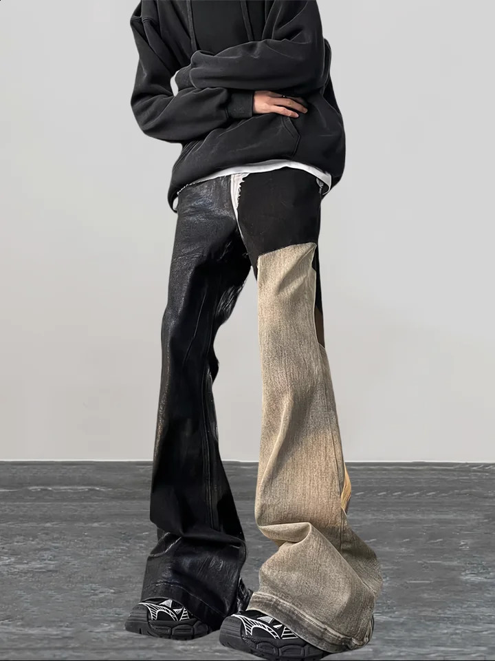 2024 Y2K Fashion Coating waxing Patchwork Old Baggy Flare Jeans Pants Men 90s Clothes Vintage Long Trousers Pantalones Hombre 250228