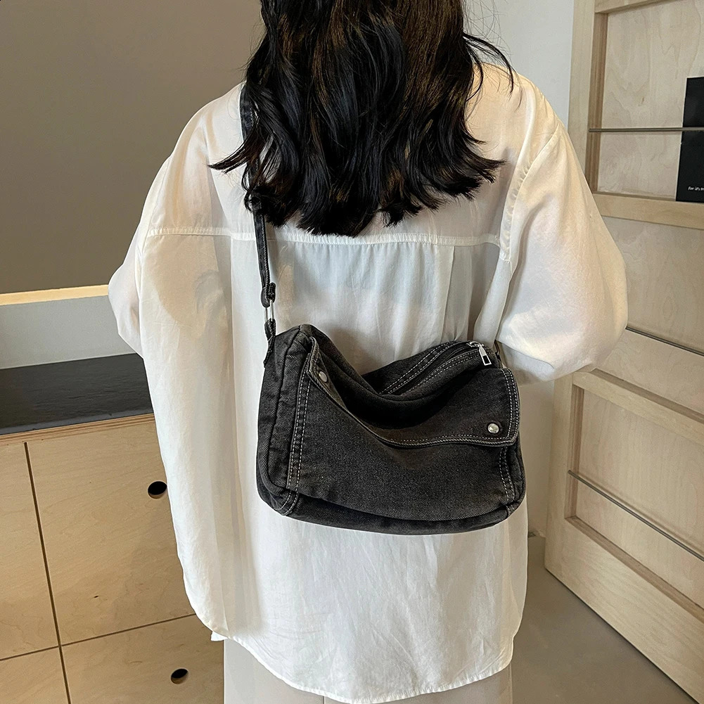 Ship from US Denim Messenger Bag Casual Retro Women Tote Lightweight Aesthetic Crossbody Handbag with Adjustable Strap Jean Purses 250303FBB