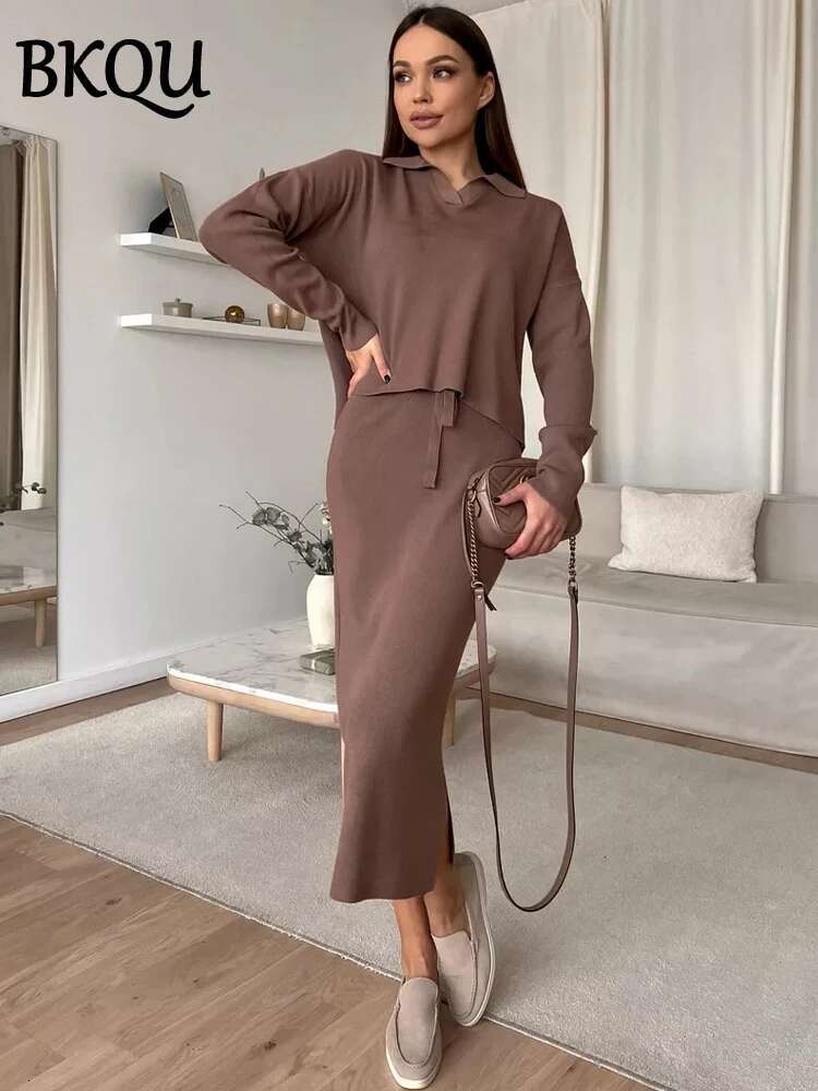 Lace-Up Knitted Two Piece Sets Women Elegant Long Sleeve Lapel Sweater+Split Midi Skirt Winter Lady Chic Warm Outfits