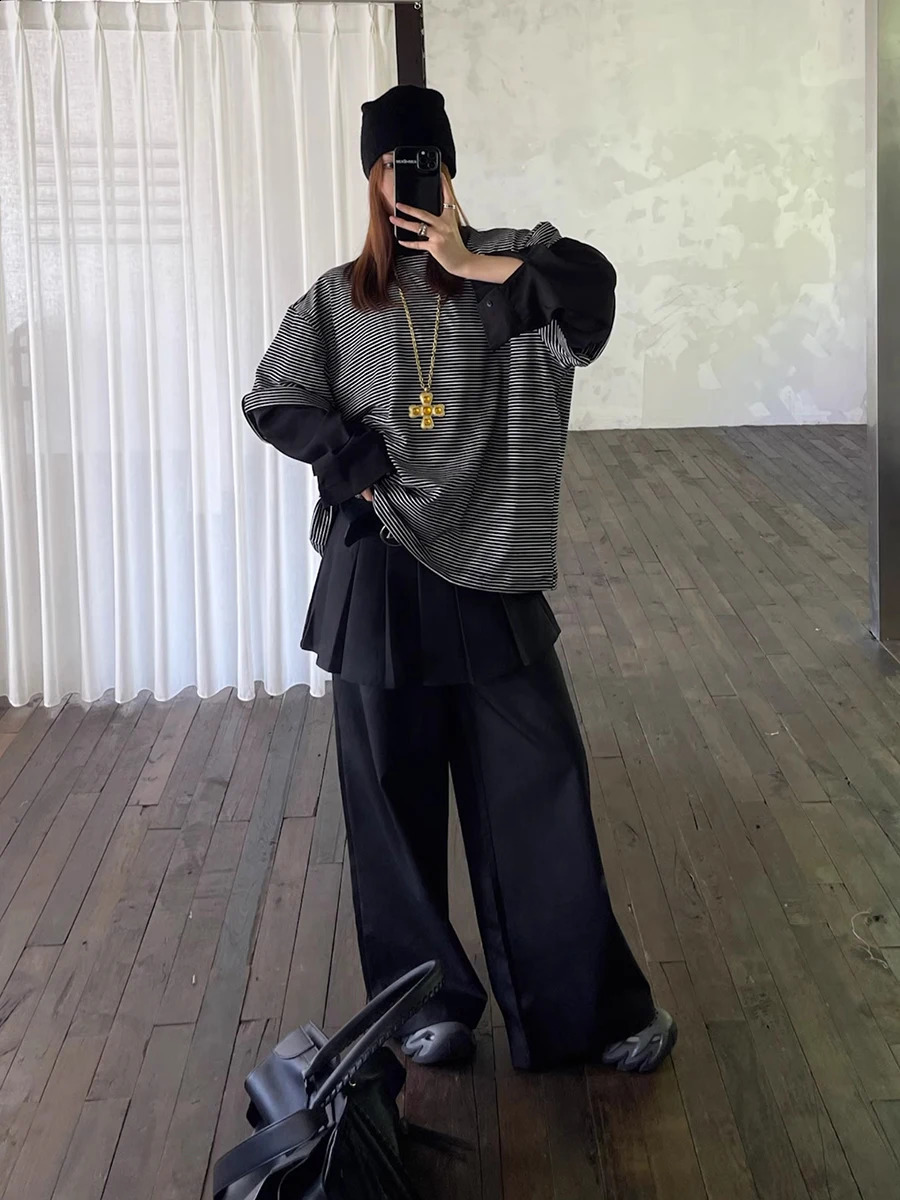 REDDACHiC Womens Pleated Skirt Overlay Suit Pants Work Casual Loose Cleanfit Black Plain Wide Leg Long Trousers Formal Clothes 250225