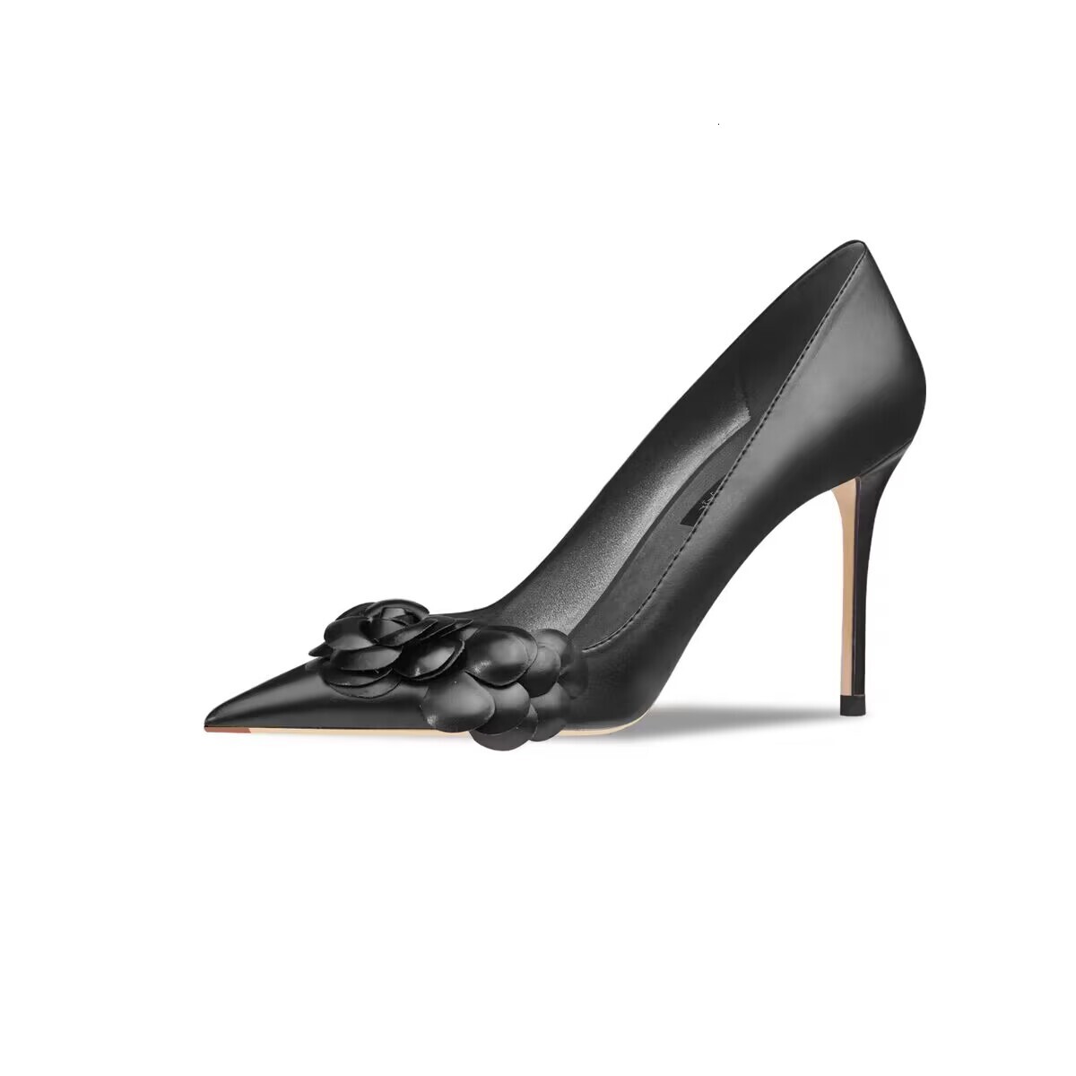 Black Camellia High Heels for Women 2024 New Style with Thin Heels, Pointed Points, Shallow Mouth, One Step Buckle Design, Comfortable Single Shoes