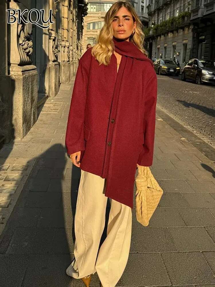 Elegant Single Breasted Woolen Coat Women Scarf Collar Wine Red Long Sleeve Jacket Chic Lady High Street Loose Warm Outwear