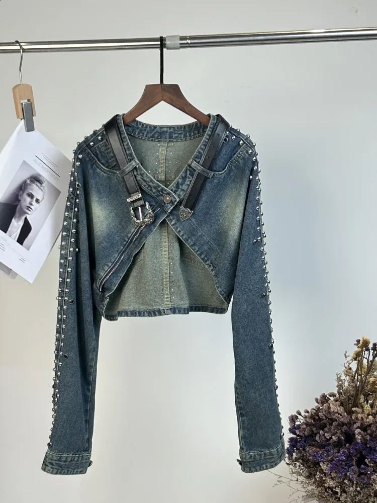 Rivet n womens denim jacket long sleeved single button Vneck high waisted short personalized street wear clothing 250228