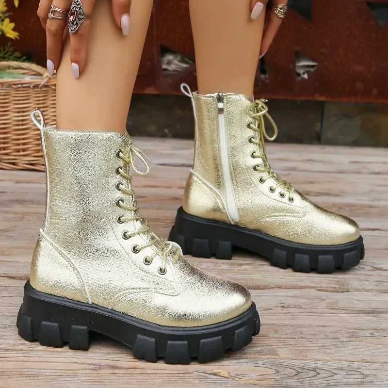 Shining gold womens boots 2023 new high top lace motorcycle boots street fashion casual platform boots womens Zapatos De Mujer Z250303