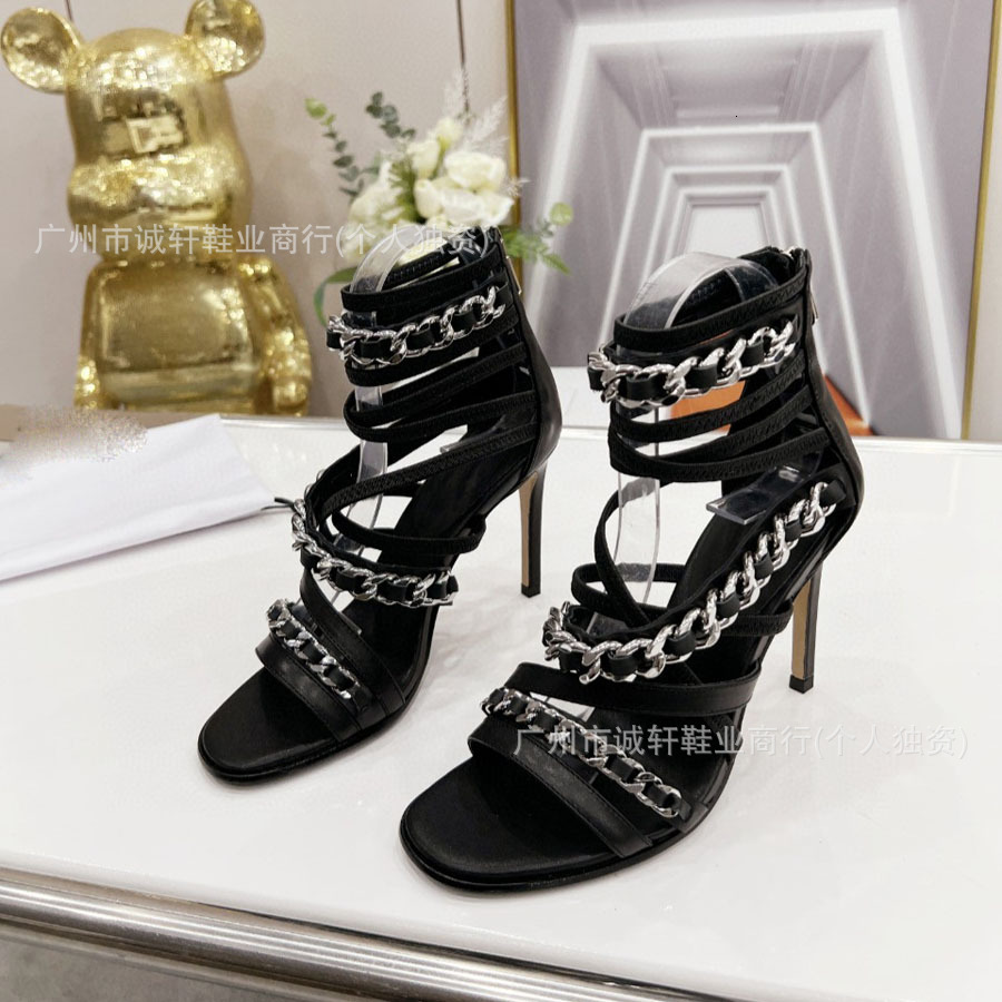 2024 summer new rhinestone chain open toed with cross straps, slim heels, fashionable and high-heeled sandals