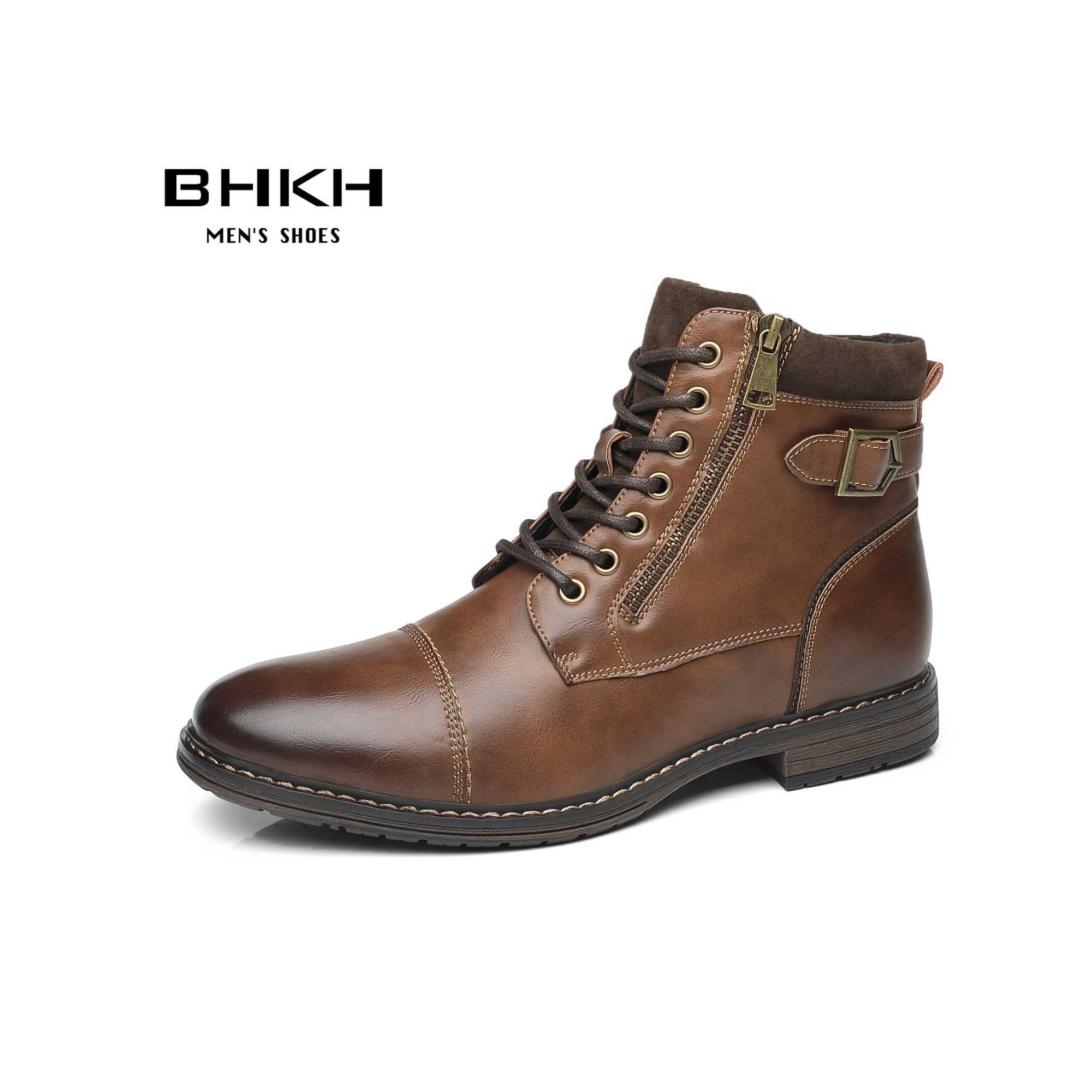 BHKH Mens Boots Winter Fashion Boots Zip Lace-up Ankle Boots Vintage Business Dress Shoes Leather Casual Shoes For Men Z250303