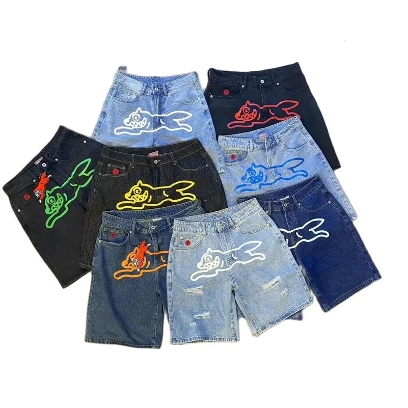 Summer Y2k Streetwear Mens Denim Shorts Hip Pop Dog Printed Wide Leg Baggy Shorts Pants Male Knee Length Jeans 250303ww