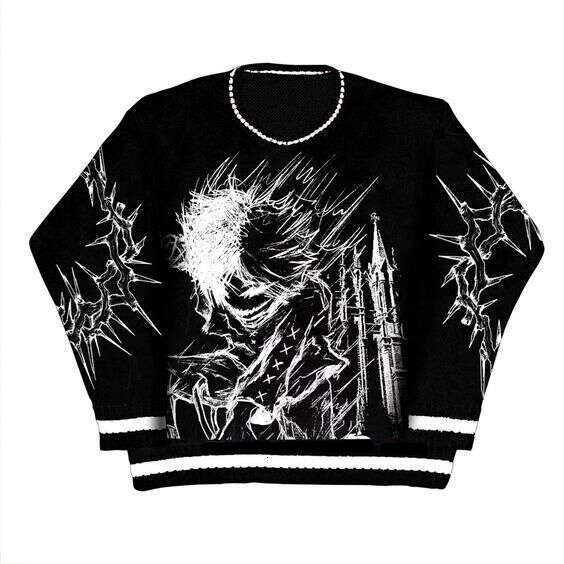 New Autumn and Winter Fashion Brand anime Jacquard Round Neck Knit Dark Loose Sweater for Couples