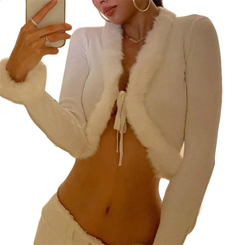 Womens Y2K Knit Cardigan Faux Fur Trim Solid Color Long Sleeve Button Down Ribbed Sweater Coat Casual Short Jacket 250225