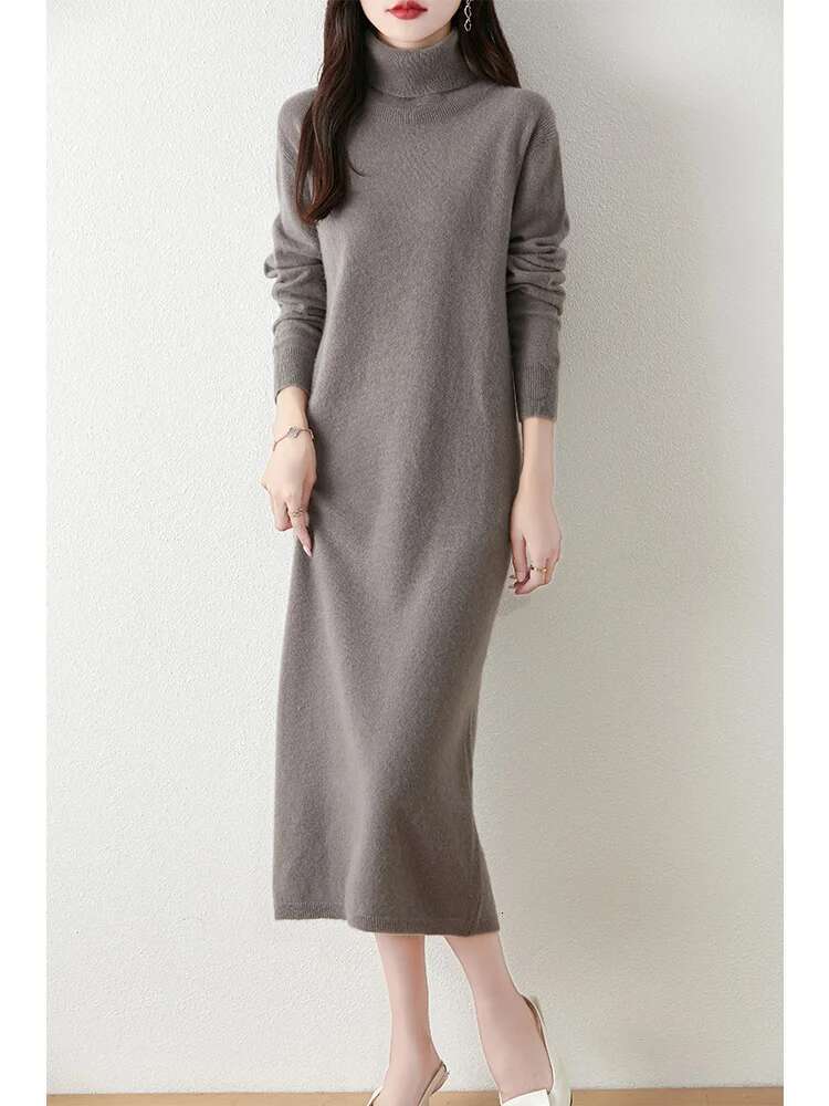 Autumn Winter Women's Turtleneck Sweater Dress Basic Pullover Casual Cashmere Skirt 100% Merino Wool Knitwear Soft Clothing