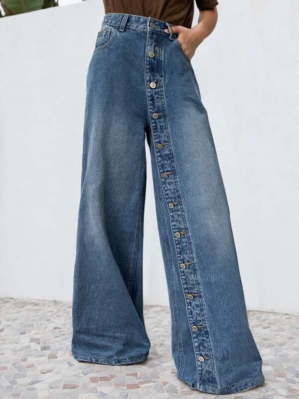 Krismile Baggy Jeans Women For Spring Summer 2024 Fashion Buttoned Pockets High Waisted Loose Jean Leisure Pants Bottoms