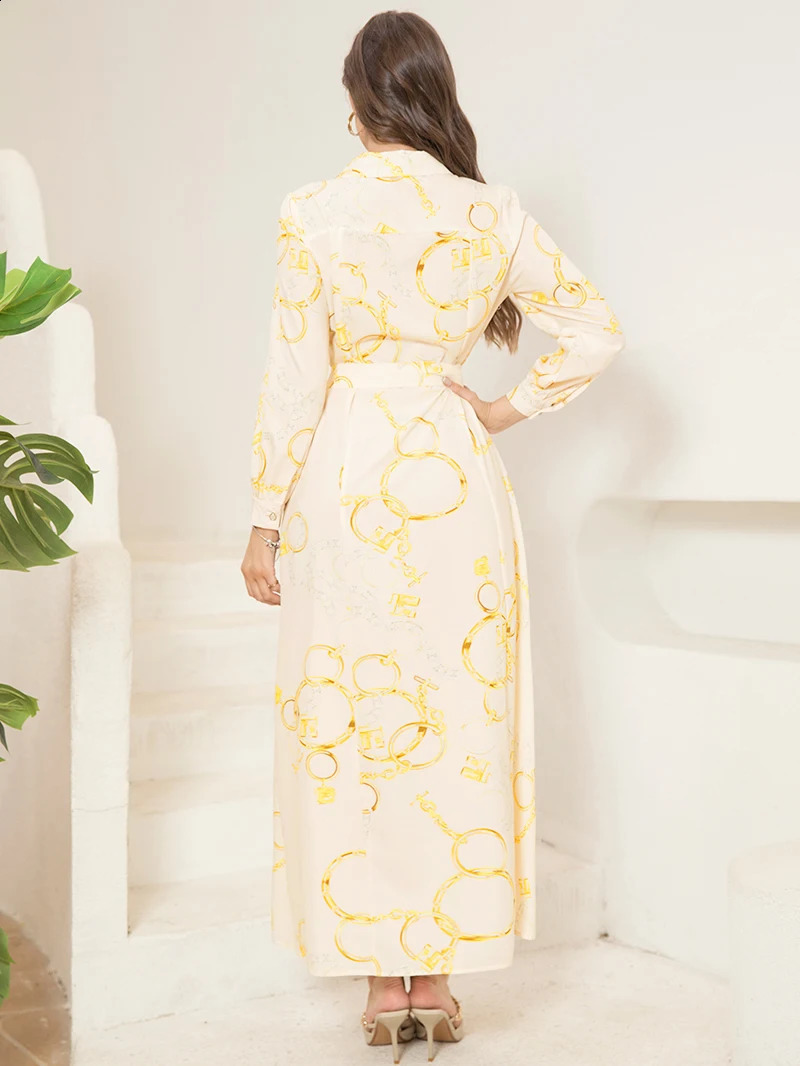 Elegant Long ShirtSleeve Dress with Chain Print n Belt Pocket Sophisticated Collared Neck Button Details 250228