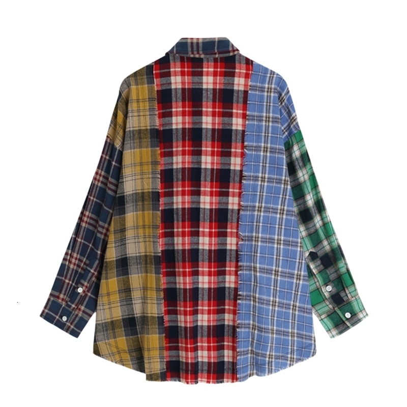 Women Patchwork Plaid Shirts and Blouses Y2k Vintage Korean Harajuku Fashion 90s Elegant Long Sleeve Polo-Neck Shirt Top Clothes 250228