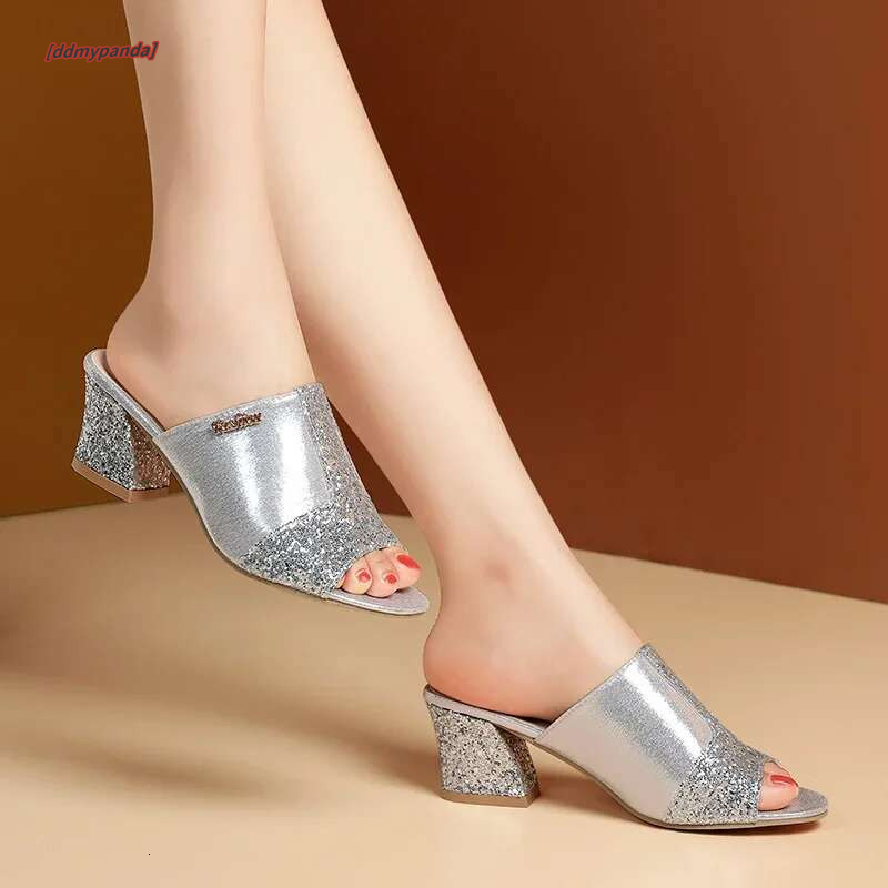 Plus Size 43 2025 New Summer Fashion Sequin Cool Outer Wear Women's Thick Heel Slippers Ladies Sandals #ddmypanda