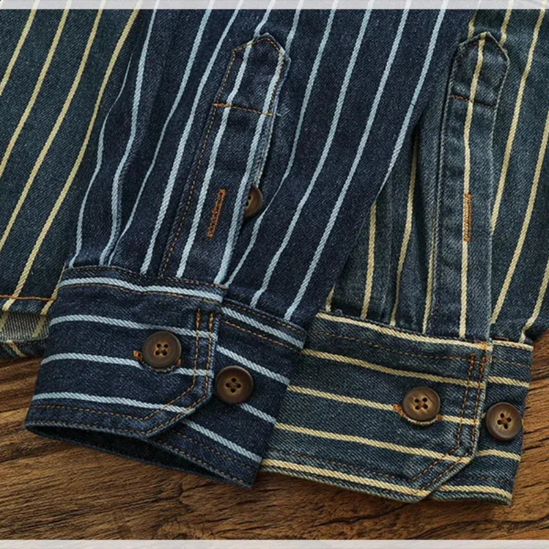 Heavy duty vertical striped cargo denim shirt mens old washed cotton elbow sticker fabric lapel long sleeved jacket 250226