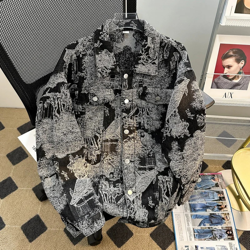 Mens Jacquard Loose Fit Casual Punk Fashion Autumn/Winter European Style Embroidered Denim Jacket 250228