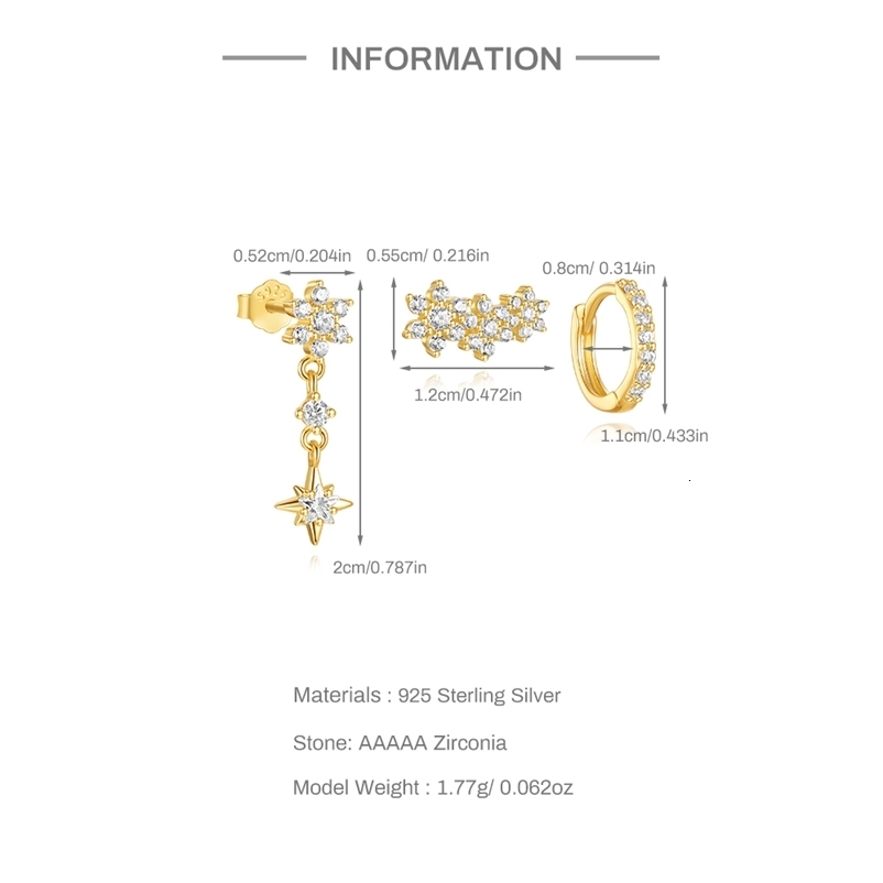 CANNER 3pc 925 Silver Exquisite Diamond Flat Thread Earrings Set For Women 18K Gold Eight Pointed Star Jewelry 250228