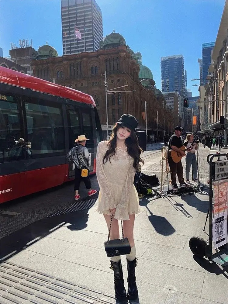 Pure and Sweet Short Skirt with Waist Slim Korean n Flare Sleeve Lace Offshoulder Dress for Women 250228