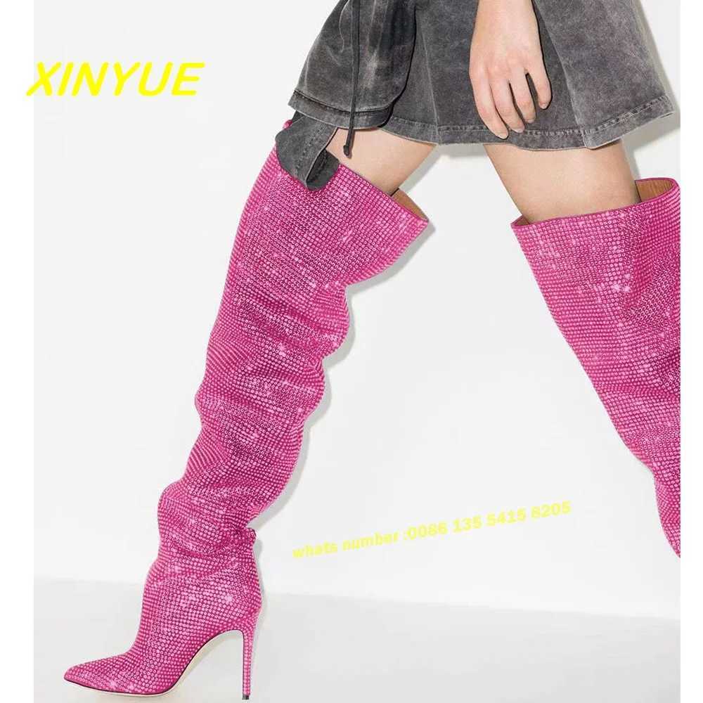 Rhinestone Silver Long Boots Luxury Pointed Toe Slip On Bling Slip On Newest Over The Knee Womens Boots Large Size 43 Solid Z250303