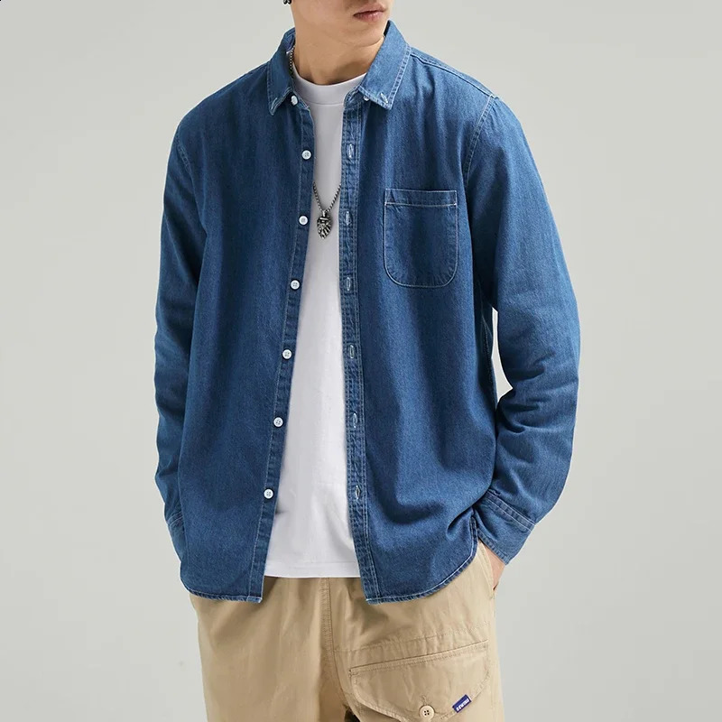 100 Cotton Mens Denim Shirt Long Sleeve Black Blue Drop Shoulder Button Pockets Cowboy Loose Casual Work Jeans Shirts 250226