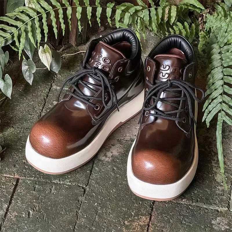 2025 Ugly and Cute Big Head Womens Boots Genuine Leather Paint Friction Lace Platform Luxury Shoes Couple Large Size Ankle Boots Z250303