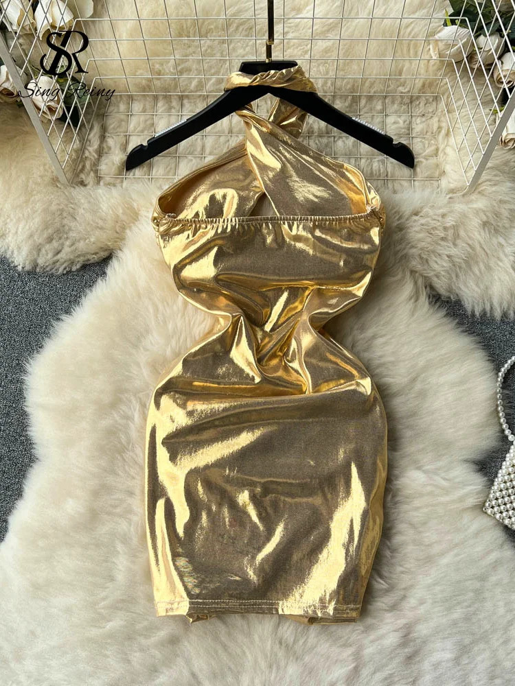 Singreiny French style hollow shiny short skirt fashionable camisole pleated backless sexy dress summer beach mini sun 250227Z