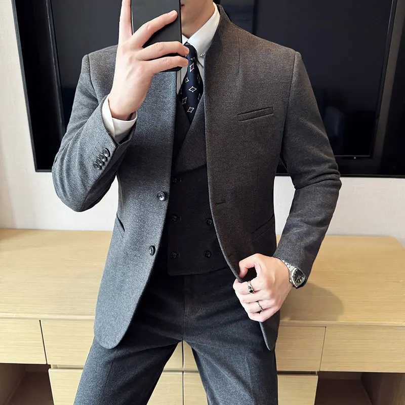 Korean Style Mens Suit Set Slim Fit Business Suit Wool Blazer Three Piece Set Elegant Social Formal Mens Clothing 5XL-M M250303
