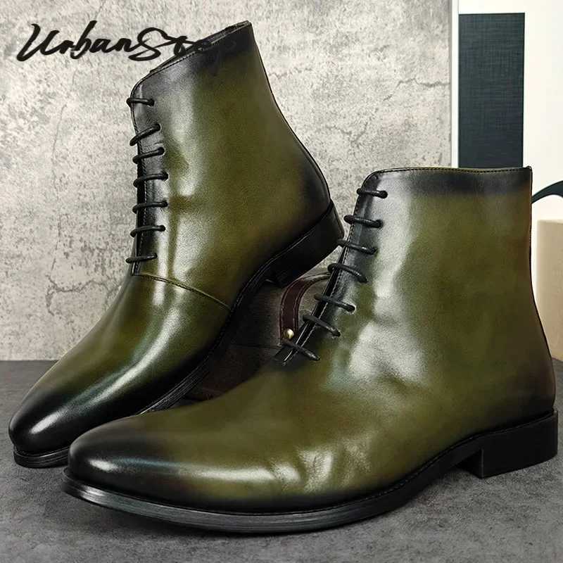 Luxury Men Ankle Boots Shoes Green Hand Polishing Lace Up Oxford Boots Casual Dress Man Genuine Leather Boots Men Z250303