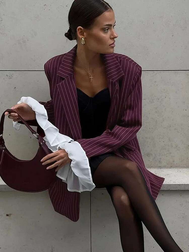 Ruffle Patchwork Striped Women's Blazer Fashion Loose Wine Red Long Sleeve Single Breasted Suit Jacket Elegant Streetwear