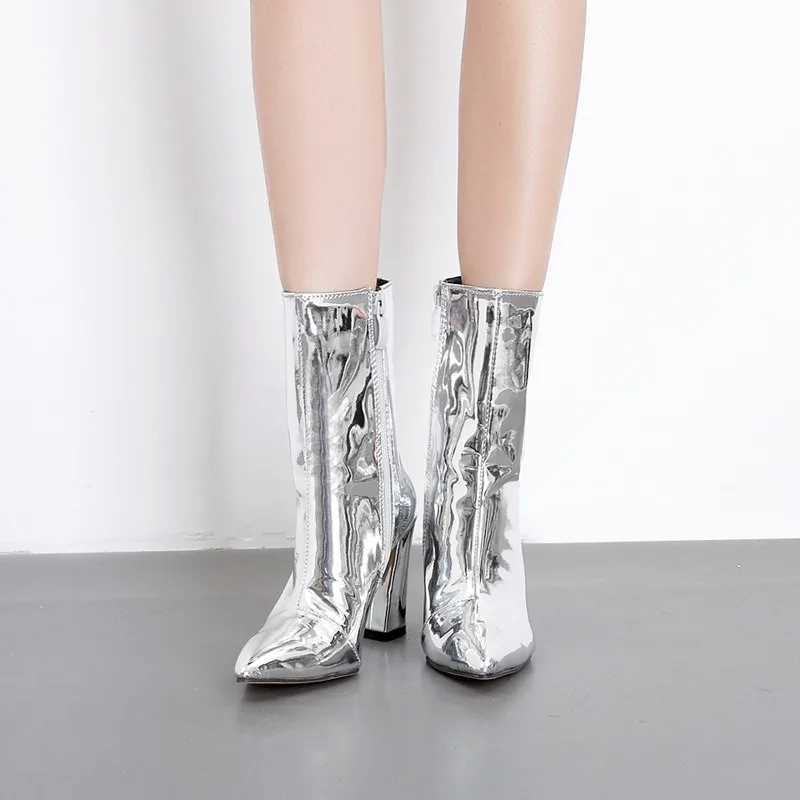 New 2024 Womens Boots with Zipper Luxury Designer Silver High Heels Leather Womens Pointy Autumn Rubber Ankle Fashion Roman Cycling Z250303