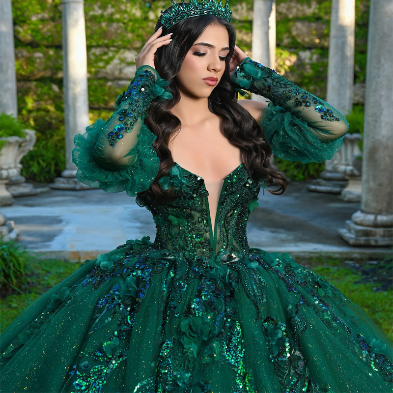 Emerald Green Shiny Quinceanera Dresses Ball Gown Off Shoulder Applique Lace Beads Tull Corset Sweet 16 Dress Vestidos 15 De Anos
