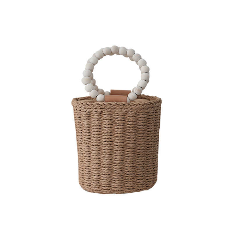 Fashionable small fresh cylindrical bag, paper rope woven bag, forest series hand-held bucket bag, casual drawstring beach bag, women's bag