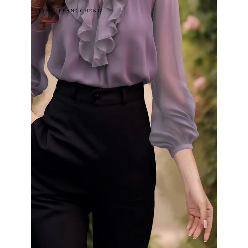 Womens Korean Fashion Ruffles Sweet Fairy Blouses Office Lady Business Casual Purple Shirts Casual V Neck 3/4 Sleeve Loose Tops 250228