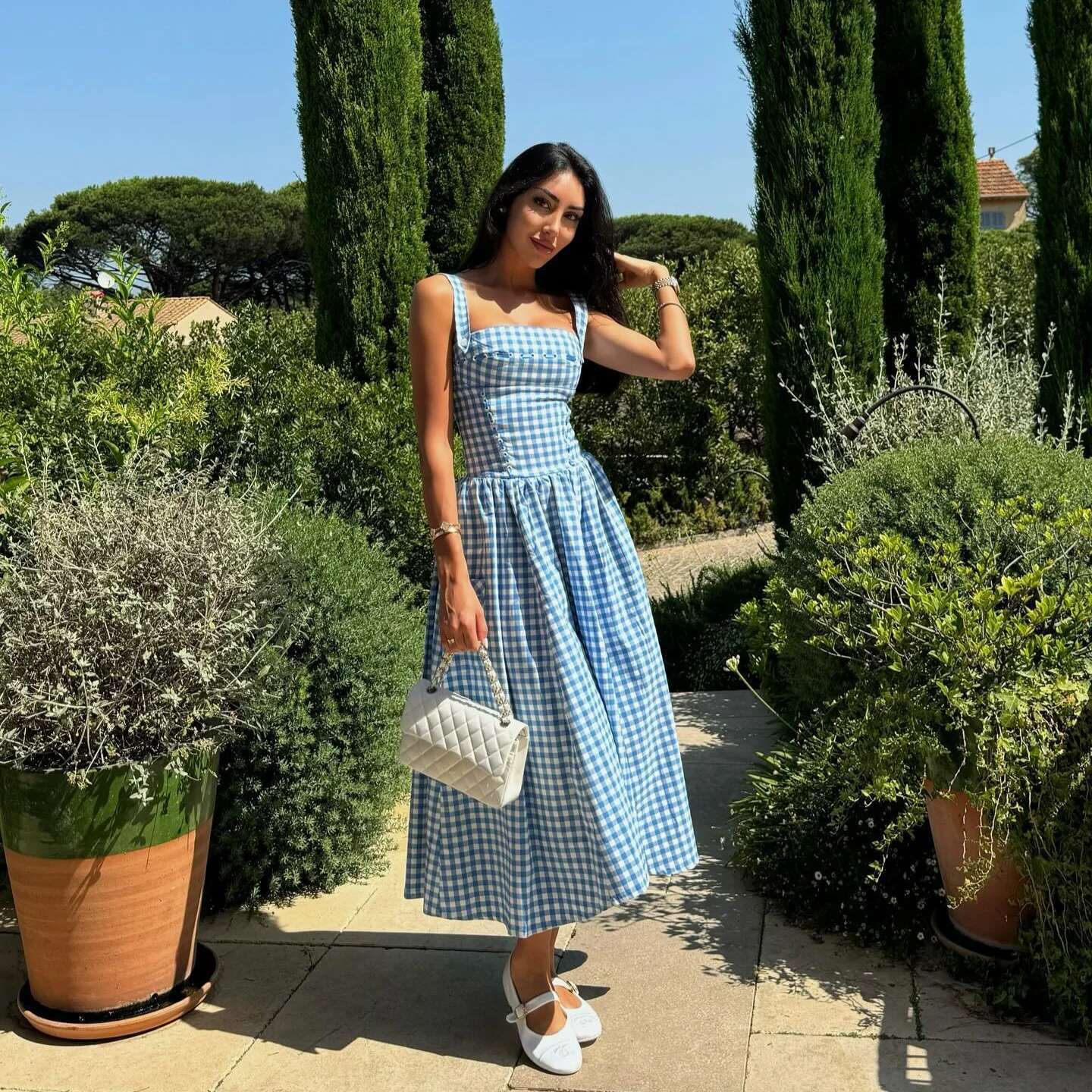 Summer Elegant Beautiful Women Dresses Midi Blue And White Plaid With Pocket Female Vacation Dress