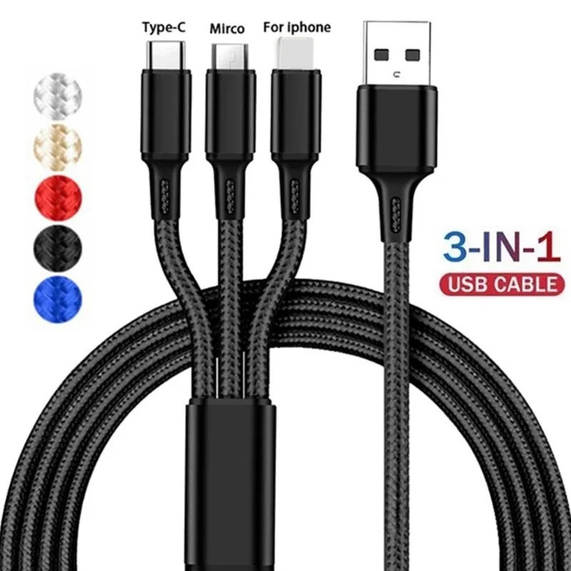 3 in 1 Micro USB Type C Charger Cable 2.1A Current Multiple Usb Charging Cord Usbc Phone Wire For iPhone 16 15 Samsung S25 S24 Ultra Plus Android Type
