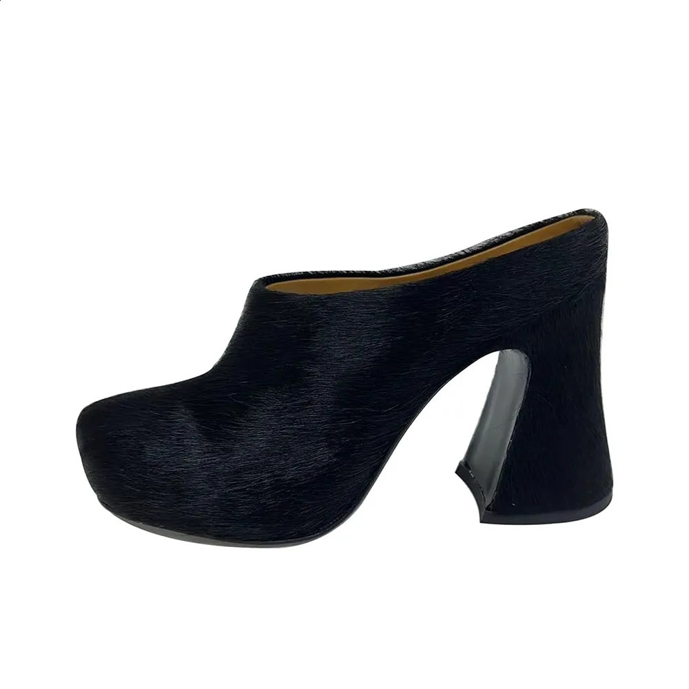 Arden Furtado Autumn Fur Mules Round toe Chunky heels Closed toe slippers Super high heel 250228