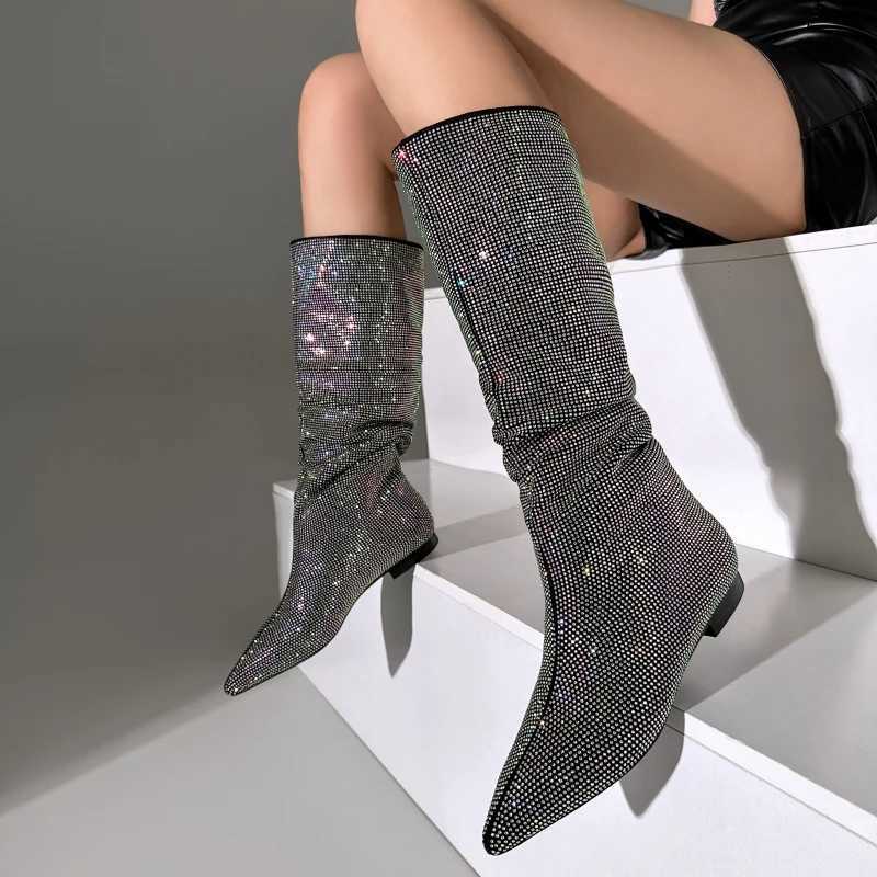 Luxury Crystal Knee High Boots For Women 2024 New Trends Autumn Winter Long Shoes Female Western Boot Large Size Brand Crystal Z250303